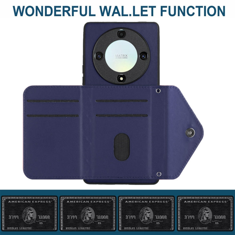 For Honor X9a / Magic5 Lite Rhombic Texture Card Bag RFID Phone Case with Long Lanyard(Dark Purple)