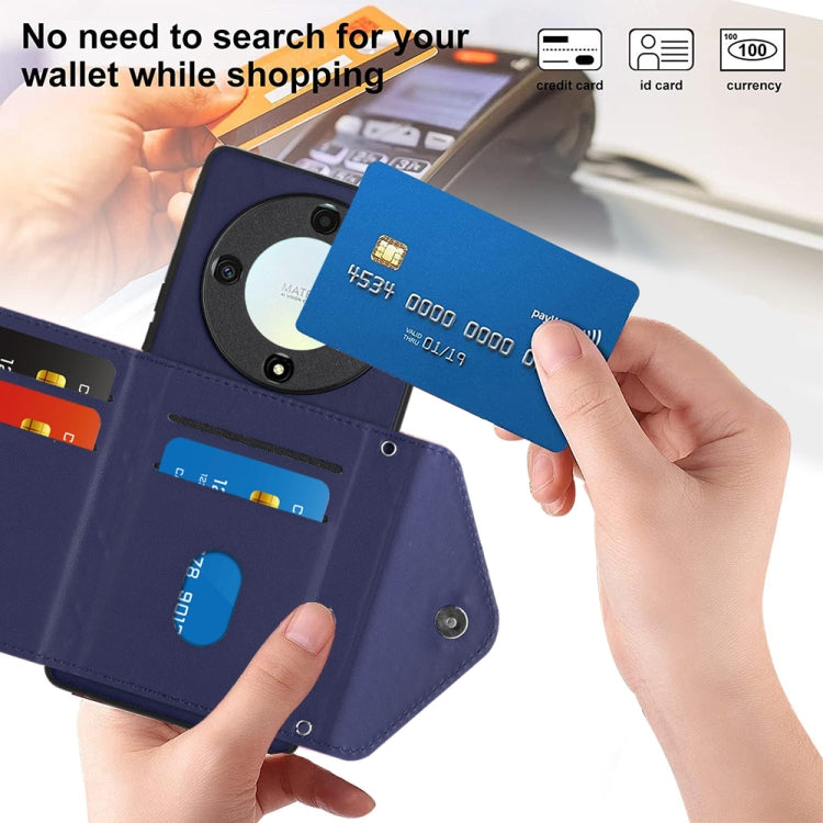 For Honor X9a / Magic5 Lite Rhombic Texture Card Bag RFID Phone Case with Long Lanyard(Dark Purple)