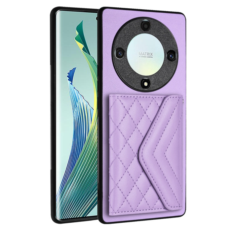 For Honor X9a / Magic5 Lite Rhombic Texture Card Bag RFID Phone Case with Long Lanyard(Light Purple)