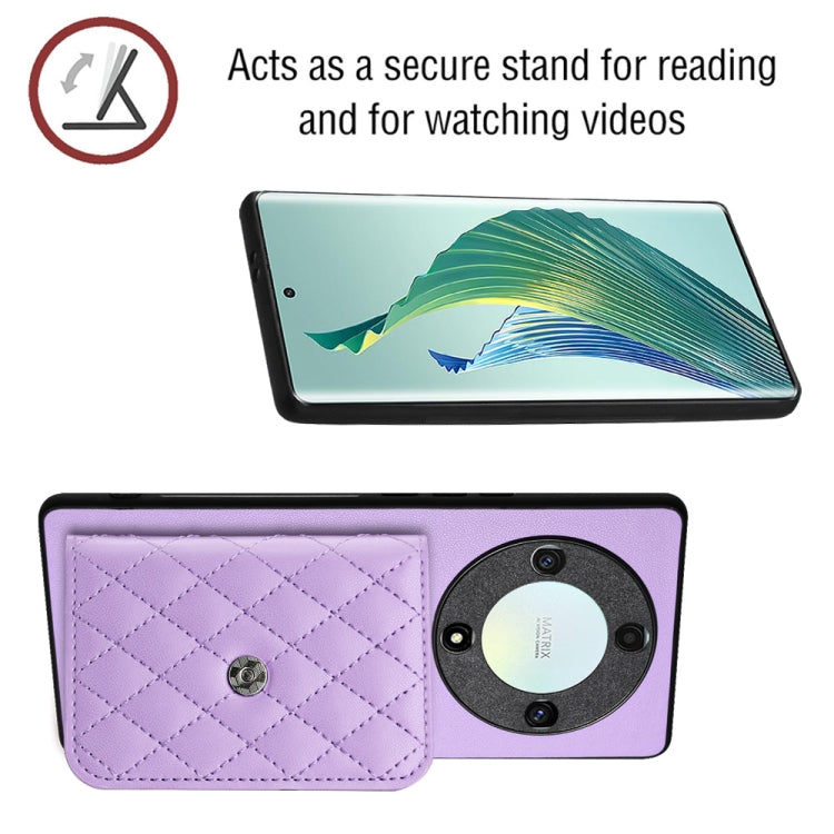 For Honor X9a / Magic5 Lite Rhombic Texture Card Bag RFID Phone Case with Long Lanyard(Light Purple)