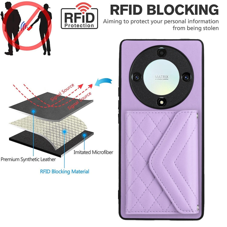 For Honor X9a / Magic5 Lite Rhombic Texture Card Bag RFID Phone Case with Long Lanyard(Light Purple)