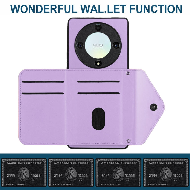 For Honor X9a / Magic5 Lite Rhombic Texture Card Bag RFID Phone Case with Long Lanyard(Light Purple)