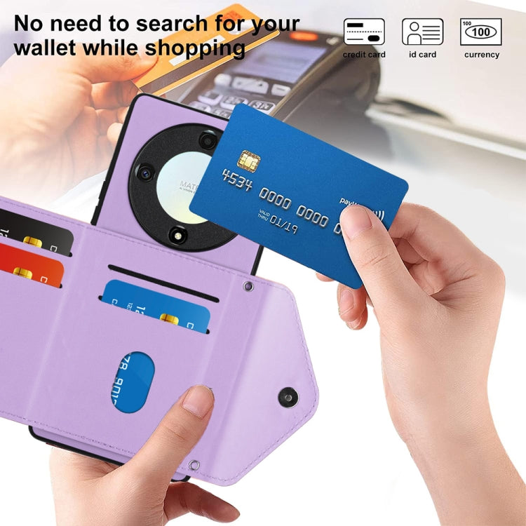 For Honor X9a / Magic5 Lite Rhombic Texture Card Bag RFID Phone Case with Long Lanyard(Light Purple)