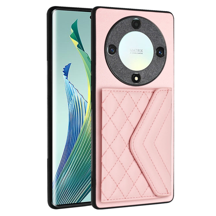 For Honor X9a / Magic5 Lite Rhombic Texture Card Bag RFID Phone Case with Long Lanyard(Rose Gold)