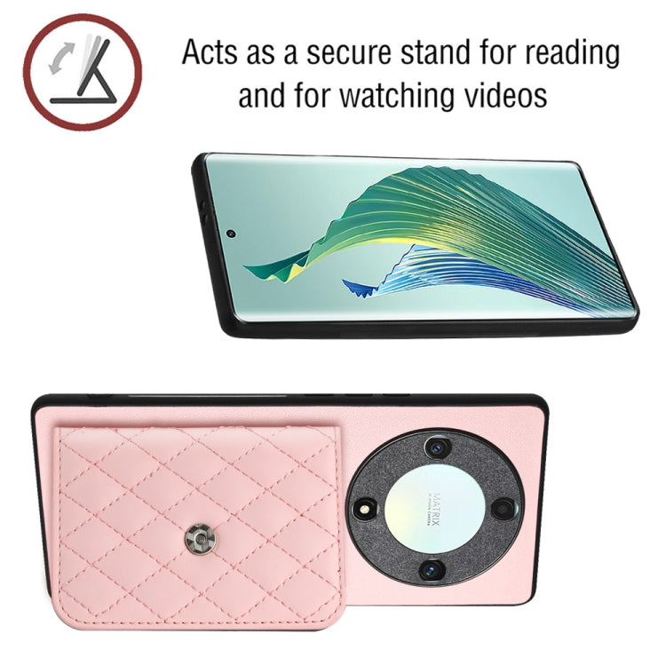 For Honor X9a / Magic5 Lite Rhombic Texture Card Bag RFID Phone Case with Long Lanyard(Rose Gold)