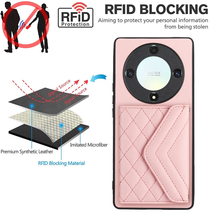 For Honor X9a / Magic5 Lite Rhombic Texture Card Bag RFID Phone Case with Long Lanyard(Rose Gold)
