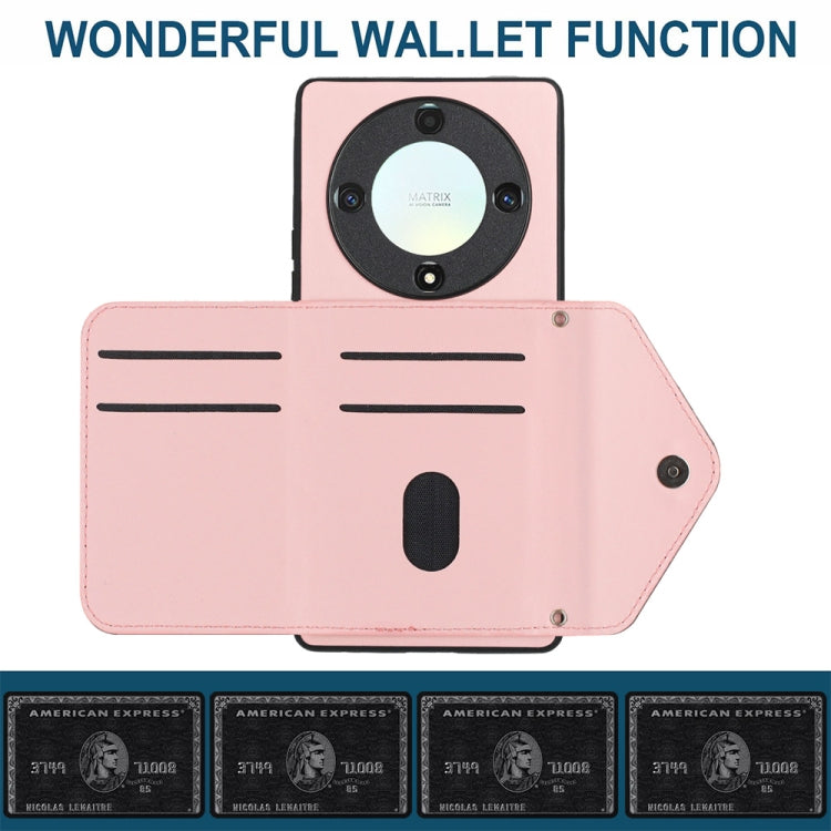 For Honor X9a / Magic5 Lite Rhombic Texture Card Bag RFID Phone Case with Long Lanyard(Rose Gold)