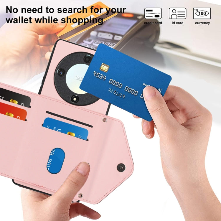 For Honor X9a / Magic5 Lite Rhombic Texture Card Bag RFID Phone Case with Long Lanyard(Rose Gold)