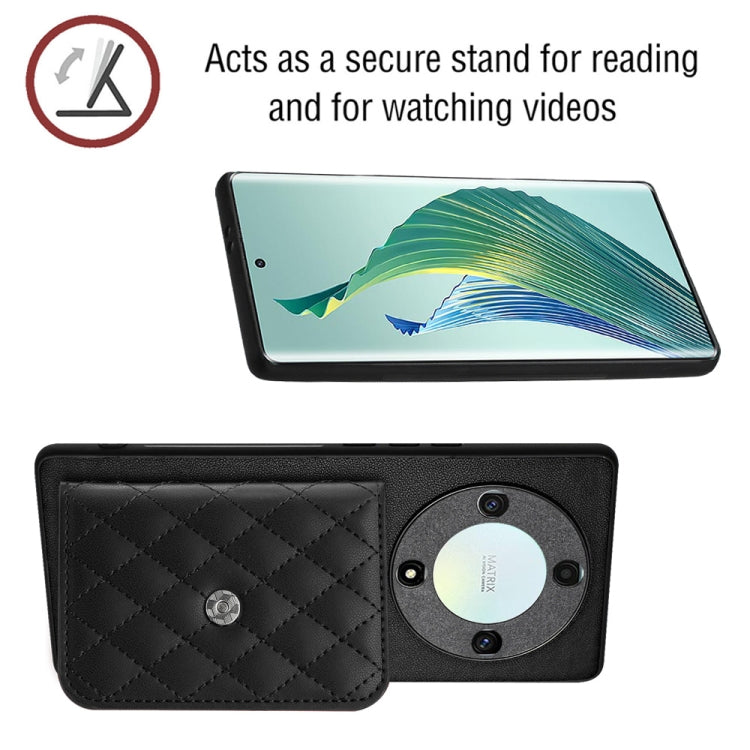 For Honor X9a / Magic5 Lite Rhombic Texture Card Bag RFID Phone Case with Long Lanyard(Black)