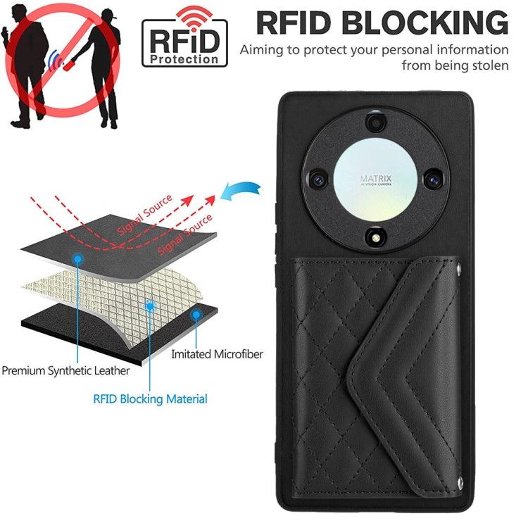 For Honor X9a / Magic5 Lite Rhombic Texture Card Bag RFID Phone Case with Long Lanyard(Black)
