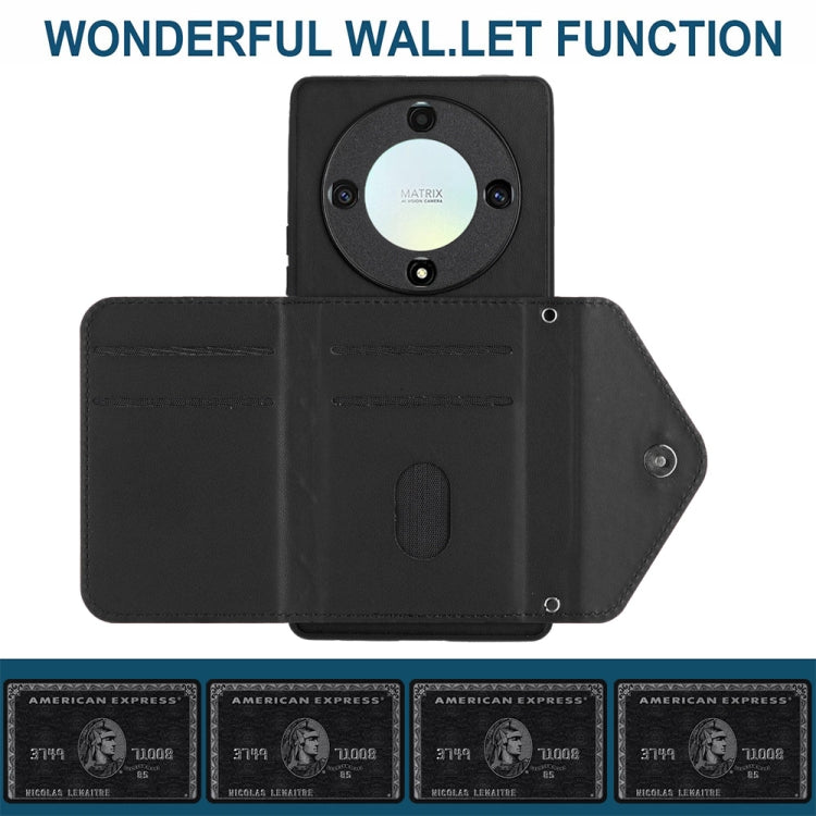 For Honor X9a / Magic5 Lite Rhombic Texture Card Bag RFID Phone Case with Long Lanyard(Black)