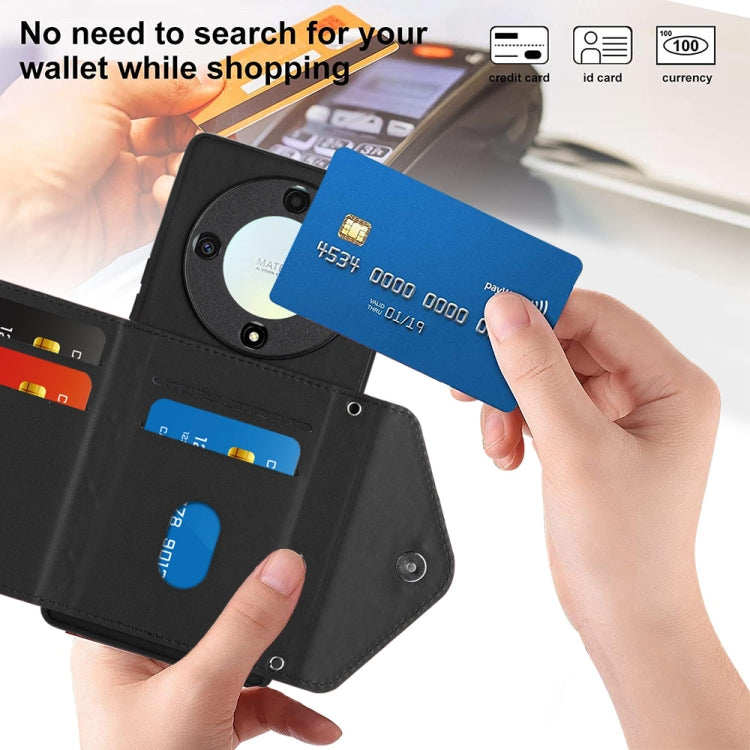 For Honor X9a / Magic5 Lite Rhombic Texture Card Bag RFID Phone Case with Long Lanyard(Black)