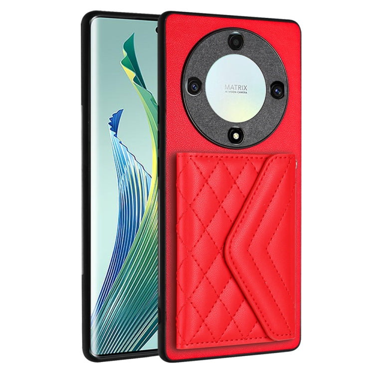 For Honor X9a / Magic5 Lite Rhombic Texture Card Bag RFID Phone Case with Long Lanyard(Red)