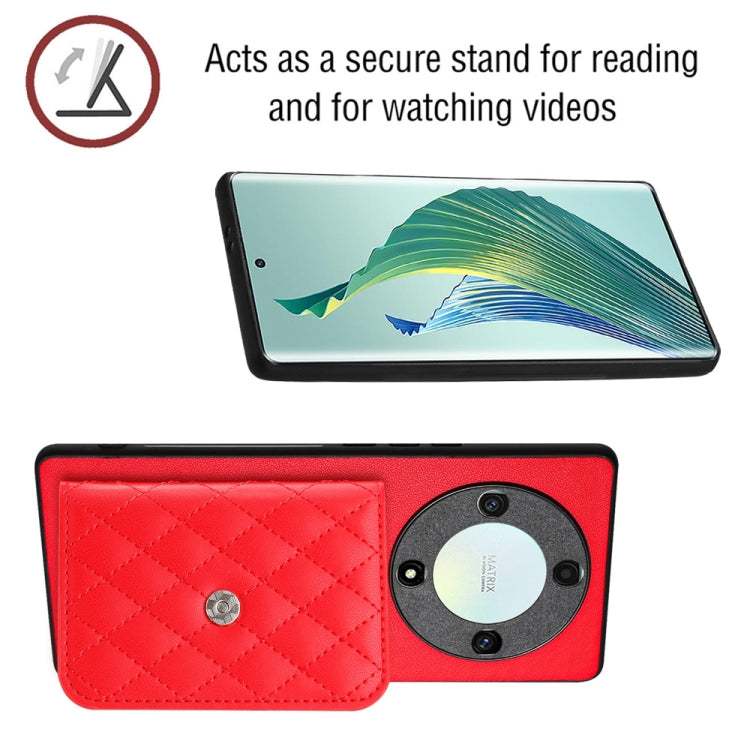 For Honor X9a / Magic5 Lite Rhombic Texture Card Bag RFID Phone Case with Long Lanyard(Red)