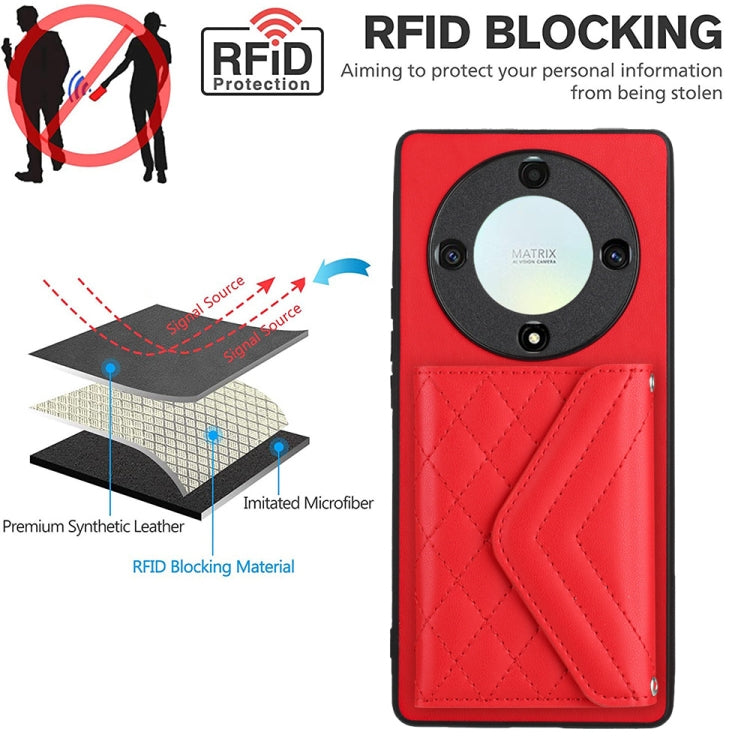 For Honor X9a / Magic5 Lite Rhombic Texture Card Bag RFID Phone Case with Long Lanyard(Red)