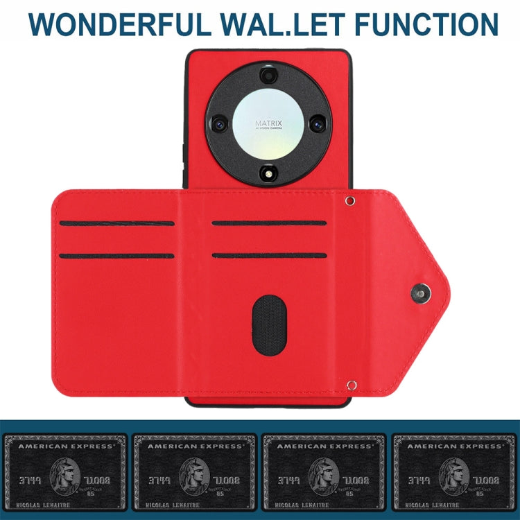 For Honor X9a / Magic5 Lite Rhombic Texture Card Bag RFID Phone Case with Long Lanyard(Red)