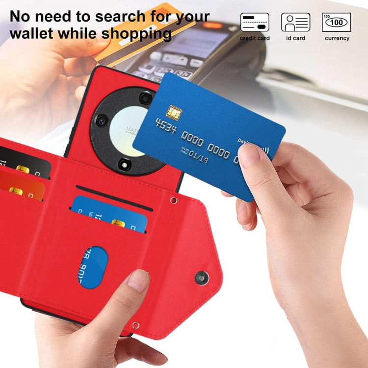 For Honor X9a / Magic5 Lite Rhombic Texture Card Bag RFID Phone Case with Long Lanyard(Red)