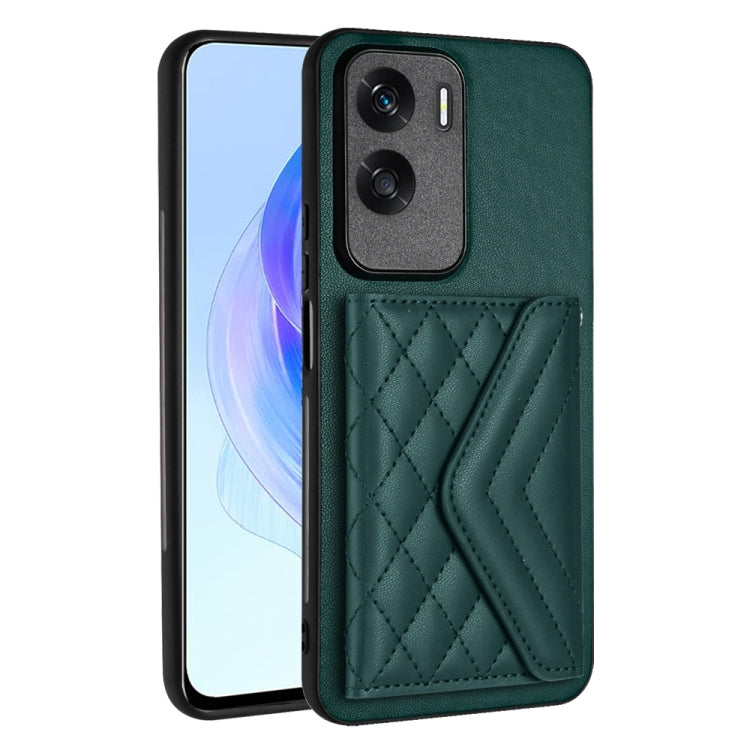 For Honor X50i Rhombic Texture Card Bag RFID Phone Case with Long Lanyard(Green)