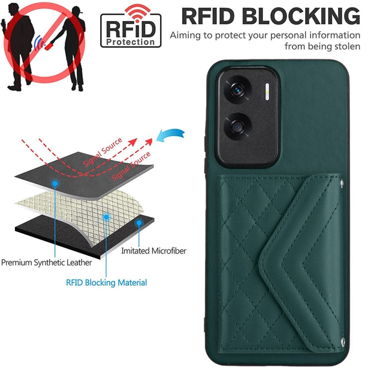 For Honor X50i Rhombic Texture Card Bag RFID Phone Case with Long Lanyard(Green)