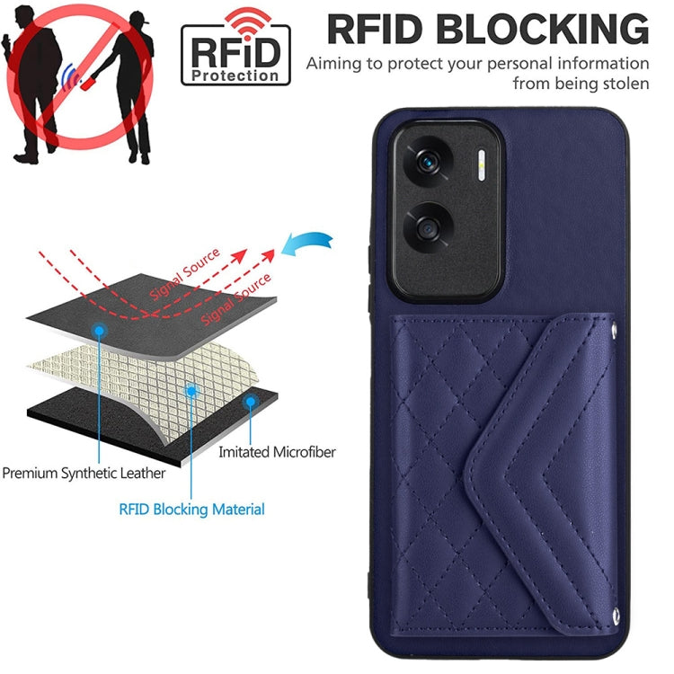 For Honor X50i Rhombic Texture Card Bag RFID Phone Case with Long Lanyard(Dark Purple)