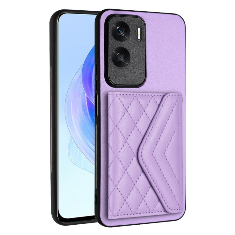 For Honor X50i Rhombic Texture Card Bag RFID Phone Case with Long Lanyard(Light Purple)