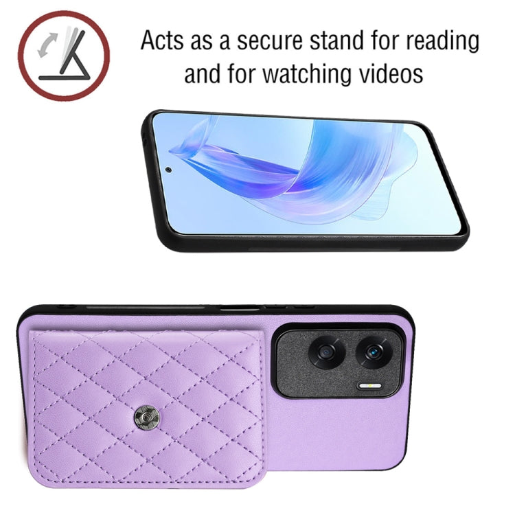 For Honor X50i Rhombic Texture Card Bag RFID Phone Case with Long Lanyard(Light Purple)