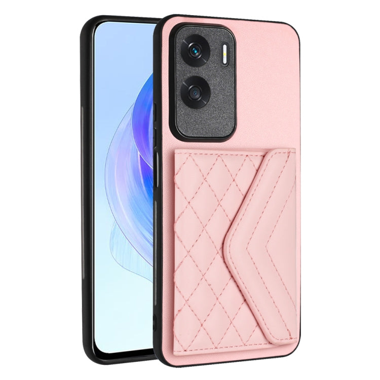 For Honor X50i Rhombic Texture Card Bag RFID Phone Case with Long Lanyard(Rose Gold)