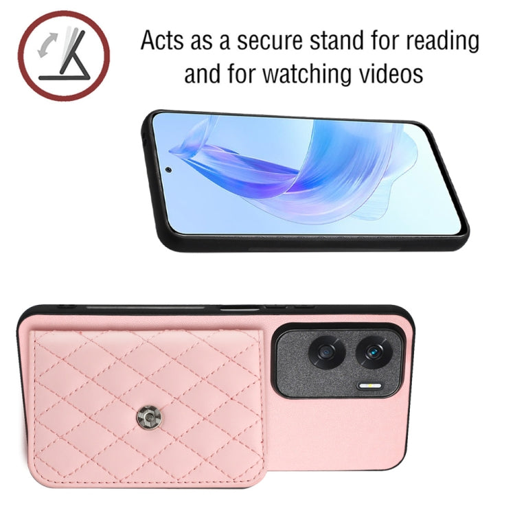 For Honor X50i Rhombic Texture Card Bag RFID Phone Case with Long Lanyard(Rose Gold)