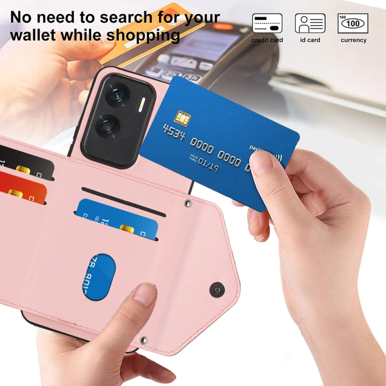 For Honor X50i Rhombic Texture Card Bag RFID Phone Case with Long Lanyard(Rose Gold)