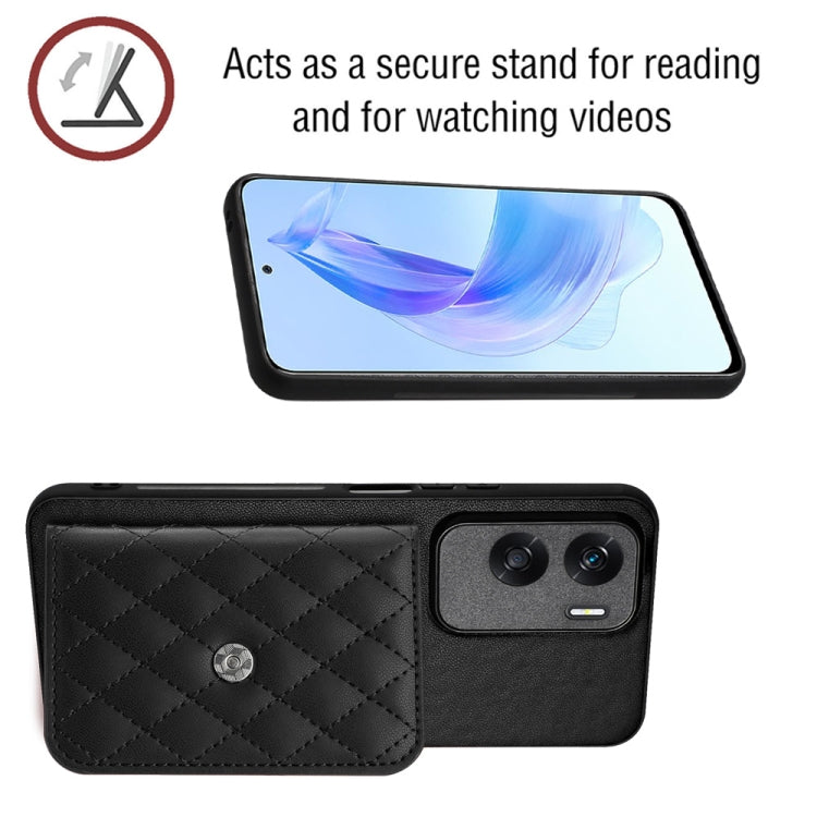 For Honor X50i Rhombic Texture Card Bag RFID Phone Case with Long Lanyard(Black)