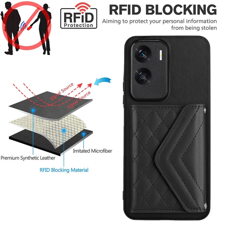 For Honor X50i Rhombic Texture Card Bag RFID Phone Case with Long Lanyard(Black)
