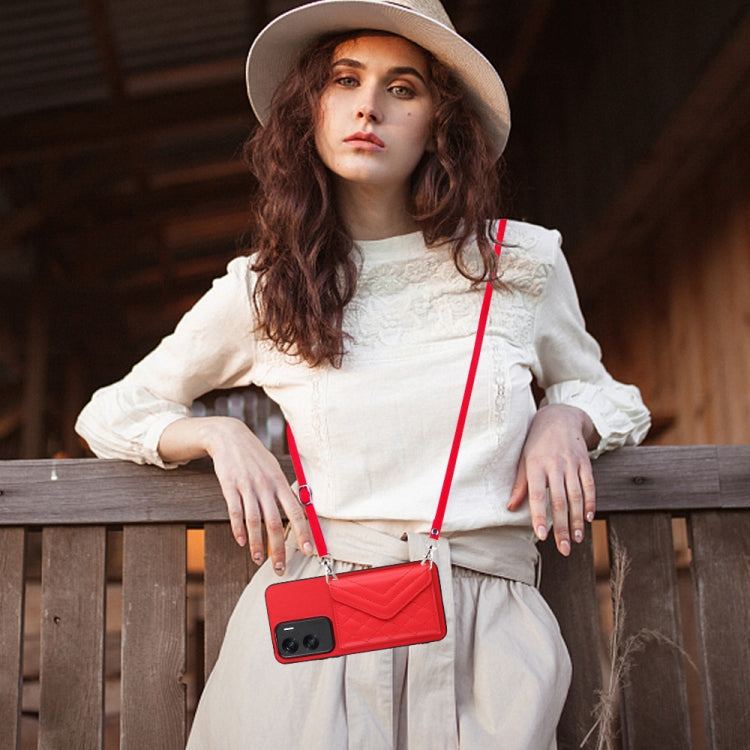 For Honor X50i Rhombic Texture Card Bag RFID Phone Case with Long Lanyard(Red)