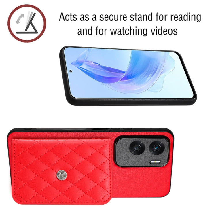For Honor X50i Rhombic Texture Card Bag RFID Phone Case with Long Lanyard(Red)