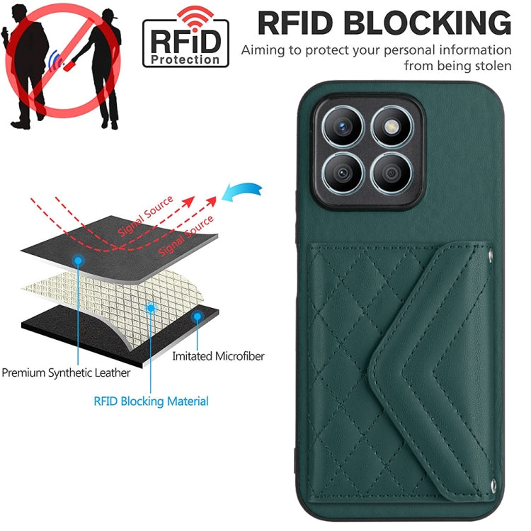 For Honor X8b 4G Global Rhombic Texture Card Bag RFID Phone Case with Long Lanyard(Green)