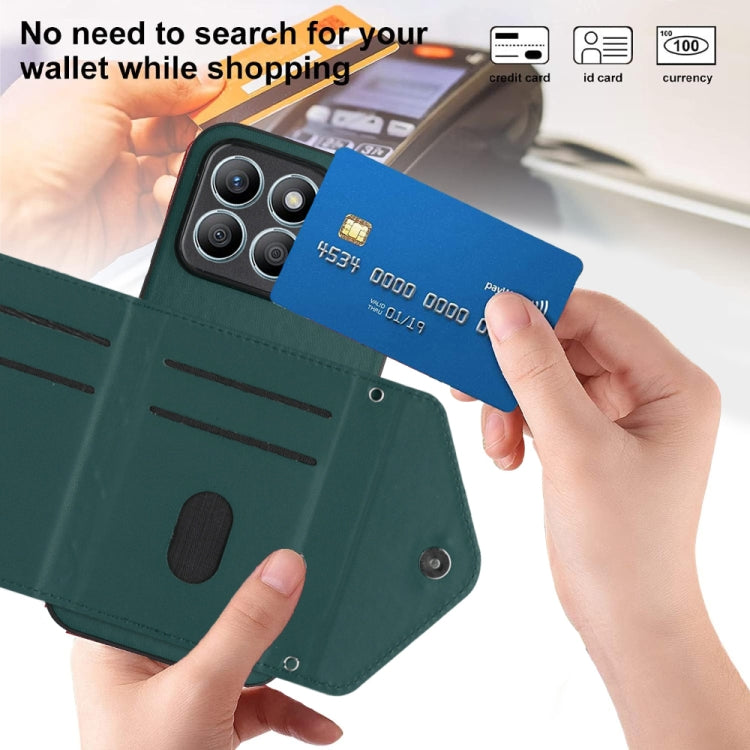 For Honor X8b 4G Global Rhombic Texture Card Bag RFID Phone Case with Long Lanyard(Green)