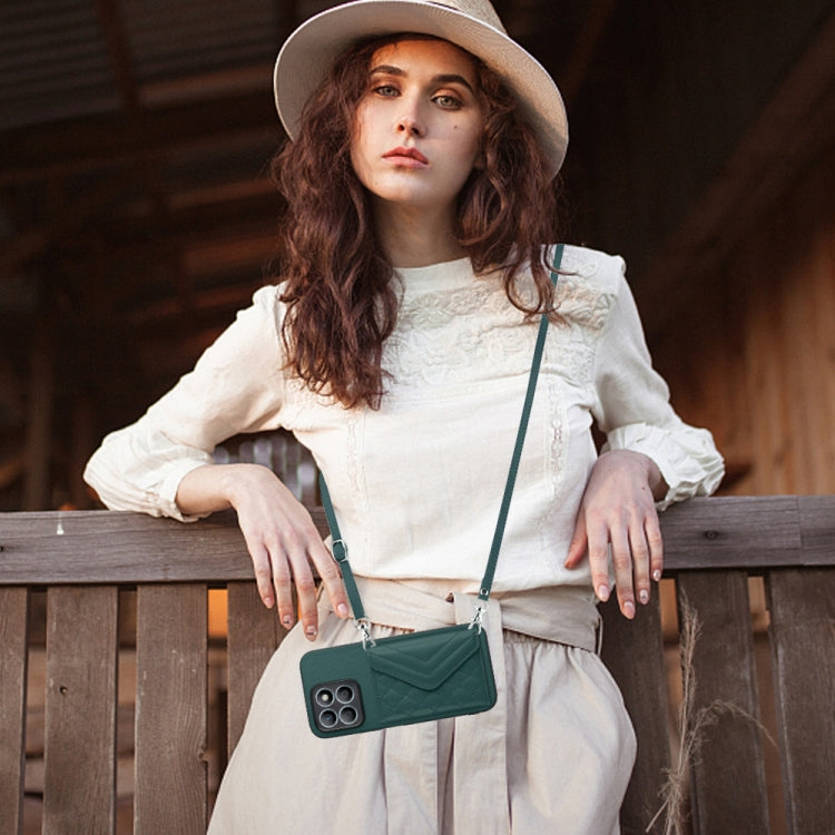 For Honor X8b 4G Global Rhombic Texture Card Bag RFID Phone Case with Long Lanyard(Green)