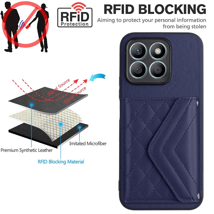 For Honor X8b 4G Global Rhombic Texture Card Bag RFID Phone Case with Long Lanyard(Dark Purple)