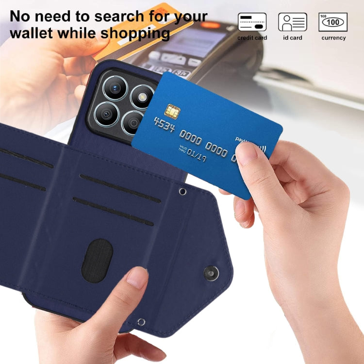 For Honor X8b 4G Global Rhombic Texture Card Bag RFID Phone Case with Long Lanyard(Dark Purple)