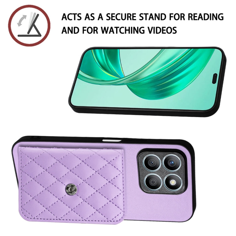 For Honor X8b 4G Global Rhombic Texture Card Bag RFID Phone Case with Long Lanyard(Light Purple)