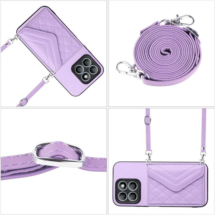 For Honor X8b 4G Global Rhombic Texture Card Bag RFID Phone Case with Long Lanyard(Light Purple)