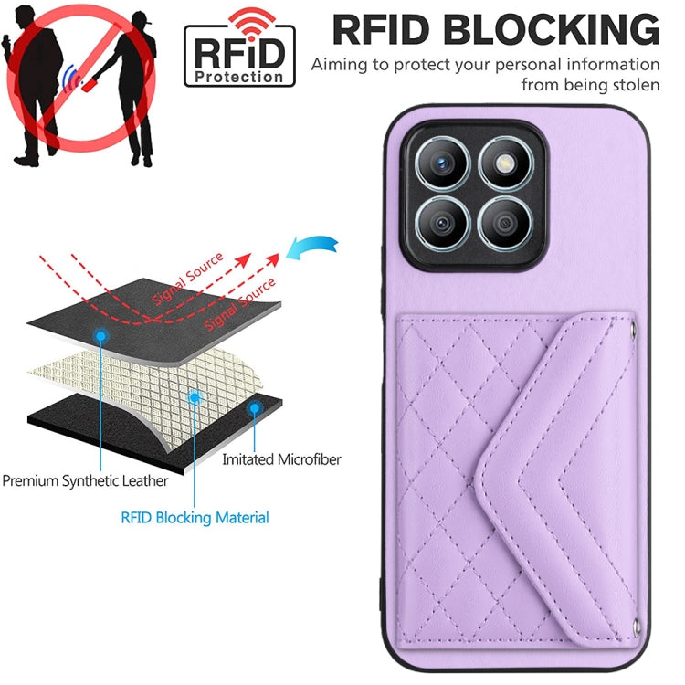 For Honor X8b 4G Global Rhombic Texture Card Bag RFID Phone Case with Long Lanyard(Light Purple)