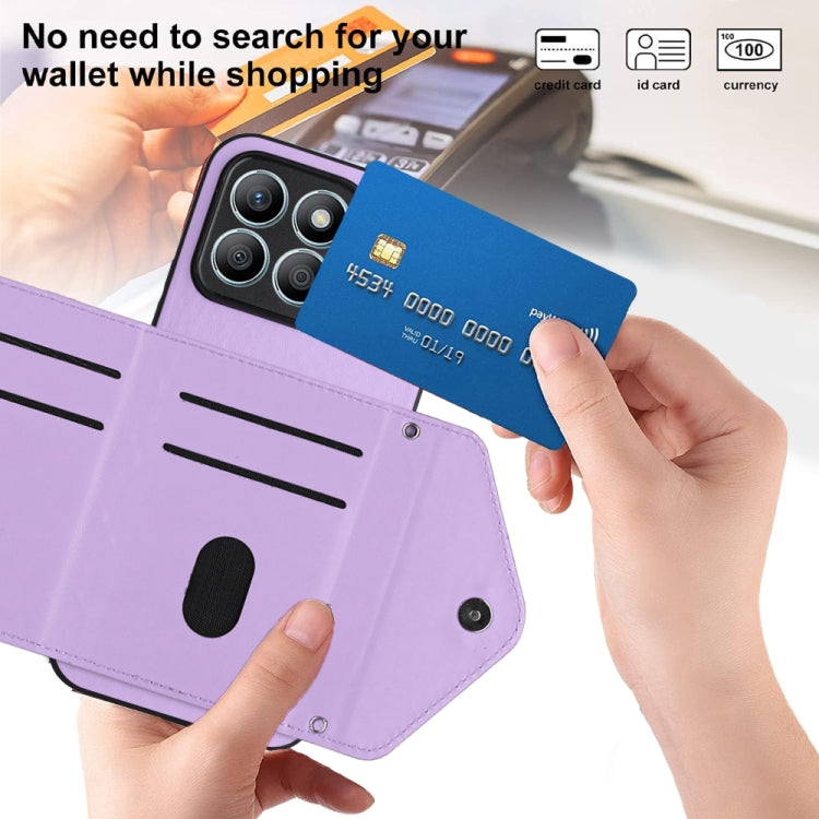 For Honor X8b 4G Global Rhombic Texture Card Bag RFID Phone Case with Long Lanyard(Light Purple)