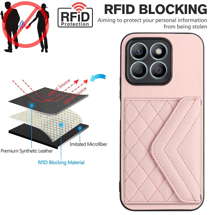 For Honor X8b 4G Global Rhombic Texture Card Bag RFID Phone Case with Long Lanyard(Rose Gold)