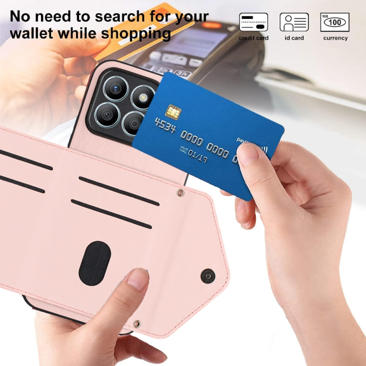 For Honor X8b 4G Global Rhombic Texture Card Bag RFID Phone Case with Long Lanyard(Rose Gold)