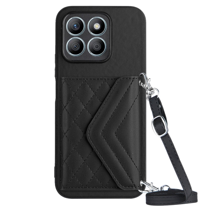 For Honor X8b 4G Global Rhombic Texture Card Bag RFID Phone Case with Long Lanyard(Black)