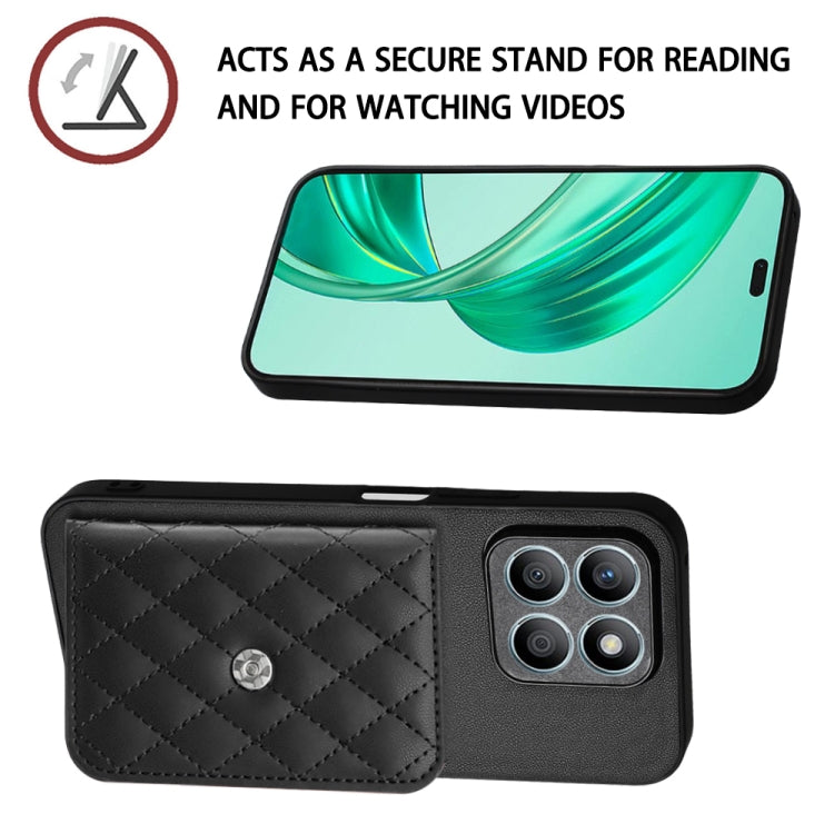 For Honor X8b 4G Global Rhombic Texture Card Bag RFID Phone Case with Long Lanyard(Black)