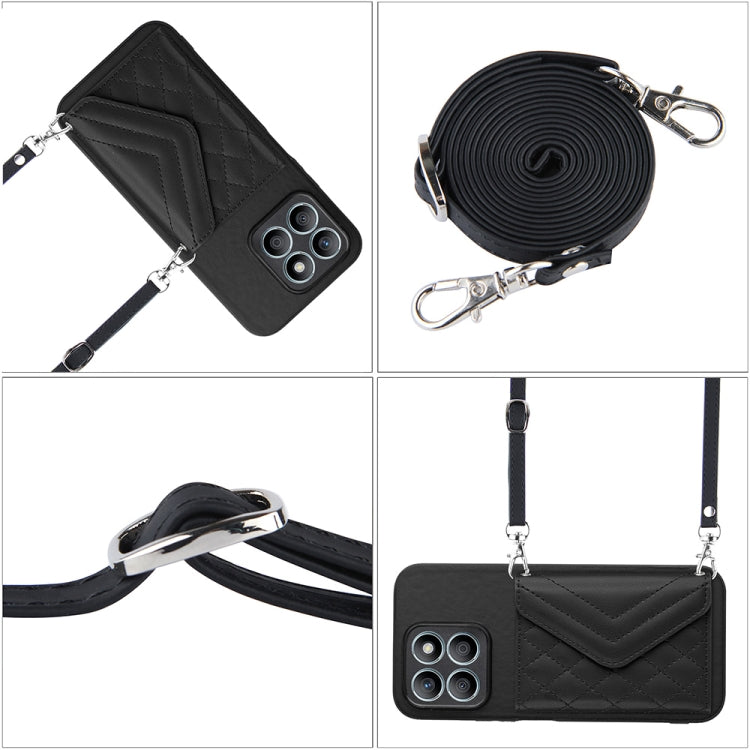For Honor X8b 4G Global Rhombic Texture Card Bag RFID Phone Case with Long Lanyard(Black)