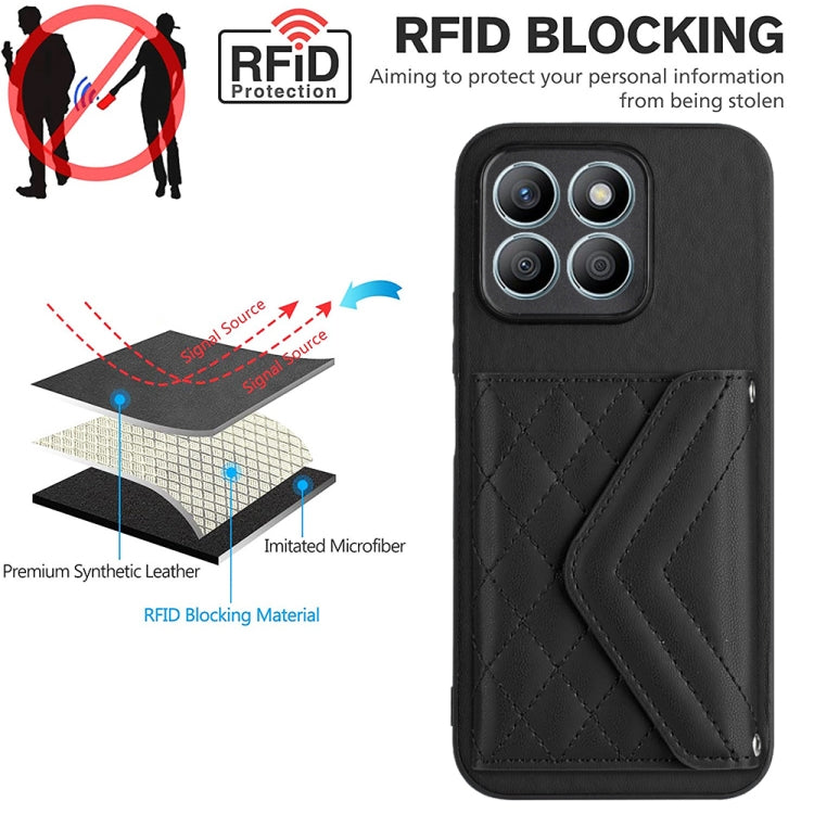 For Honor X8b 4G Global Rhombic Texture Card Bag RFID Phone Case with Long Lanyard(Black)