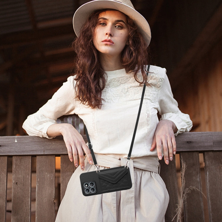 For Honor X8b 4G Global Rhombic Texture Card Bag RFID Phone Case with Long Lanyard(Black)