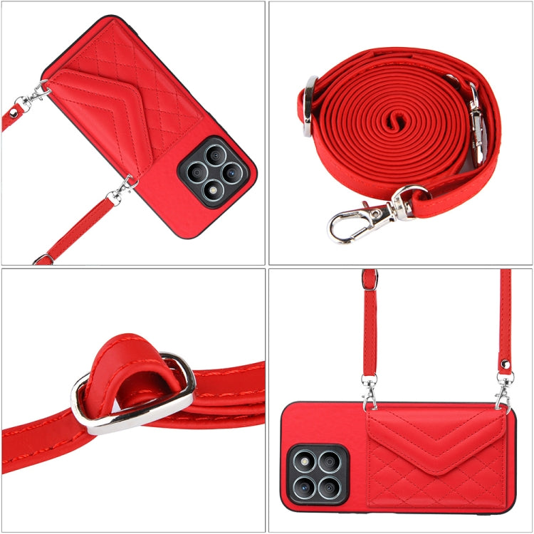 For Honor X8b 4G Global Rhombic Texture Card Bag RFID Phone Case with Long Lanyard(Red)